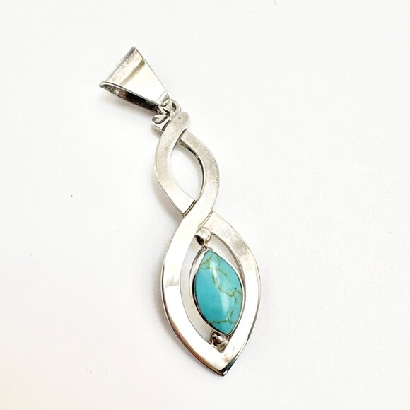 VTG Sterling Silver 925 Turquoise Marquise Interwoven Pendant Size 2.5" Length - Picture 6 of 10